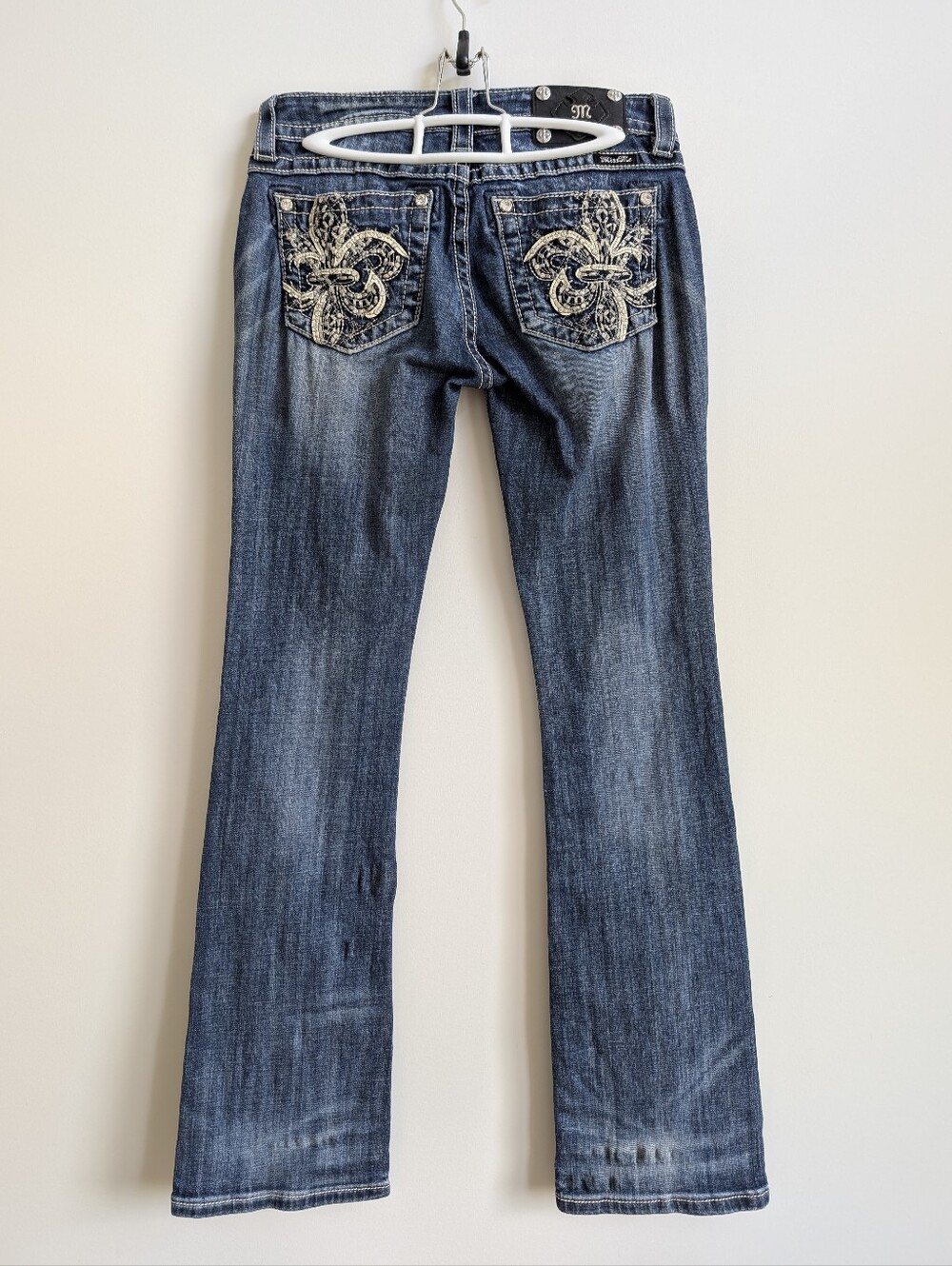 Y2K Miss Me 28 Low Rise Boot Cut Blue Jeans Embellished Gemstone Pockets Cotton